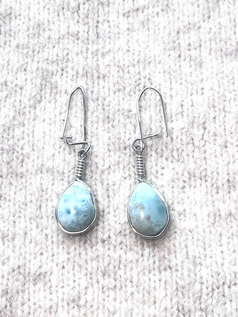 Genuine Dominican Larimar Teardrop Earrings - Silver Wire Wrapped Boho